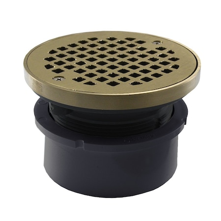 Jones Stephens 4in. PVC Hub Fit Drain Base with 3-1/2in. Plastic Spud and 6in. Nickel Bronze Strainer with Ring D53062